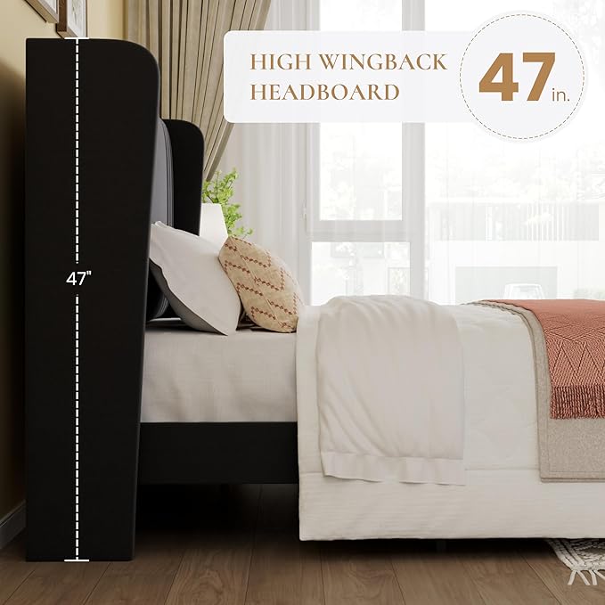 SHA CERLIN Full Size Velvet Upholstered Platform Bed Frame with Vertical Channel Tufted Wingback Headboard Wooden Slats Support Easy Assembly Under Bed Storage No Box Spring Required Black