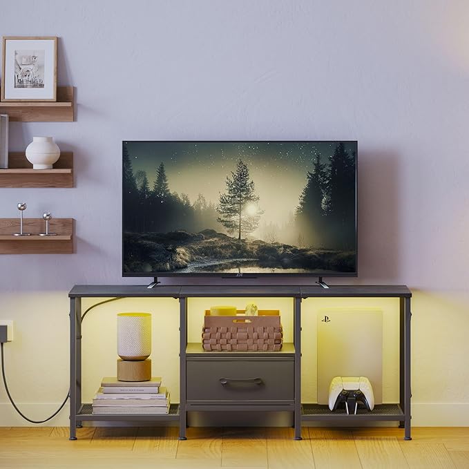 LED TV Stand with Fabric Drawer Entertainment Center for 50 55 Inch TV Industrial TV Console Table with Open Storage Shelves for Living Room Bedroom Black