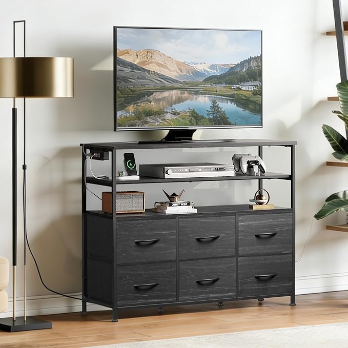 TV Stand for 40 45 inch TV Entertainment Center with LED Lights &amp Charging Station TV Media Console Table with 6 Drawers and Open Shelves for Living Room Charcoal Black Wood Grain Print
