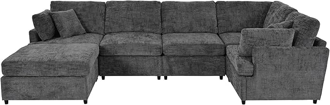 LUMISOL Sectional Couch for Living Room Large U-Shaped Furniture Upholstered Sofa with Removable Ottoman 6 Seat Chenille Fabric Sofa Set for Large Space Gray