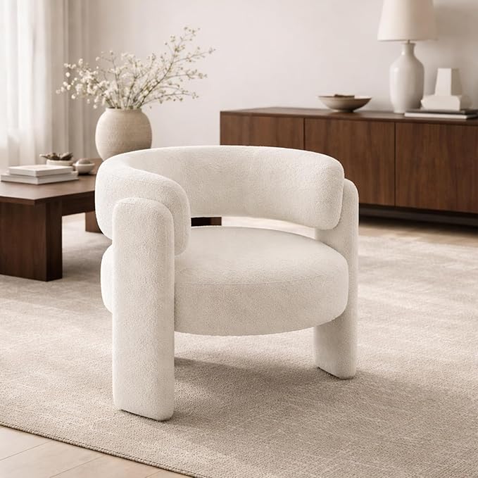 Barrel Accent Chair for Living Room Modern Upholstered Barrel Armchair Teddy Velvet Comfy Padded Reading Chairs for Bedroom Single Sofa Chair with Wood Frame - Barrel