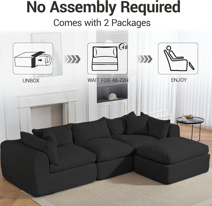 Modular Cloud Couch Sectional Boneless Sofa with Ottoman Deep Seat Fluffy Sectional Couch for Living Room &amp Bedroom No Assembly Required Black