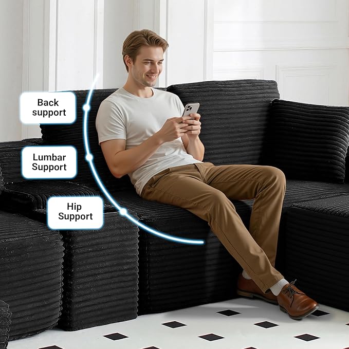 150 Inch Modular Sectional Sofa Couch Oversized Modern Cloud Couch for Living Room U Shape Couches with 2 Ottomans USB Ports and Cup Holders Black Corduroy Boneless Sofas Sofa in a Box