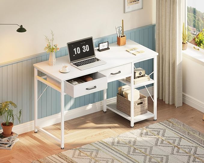Coleshome Small Computer Desk with Drawers 40 Inch Reversible Home Office Desk with Storage Shelves Study Laptop Vanity Table for Bedroom Small Space White