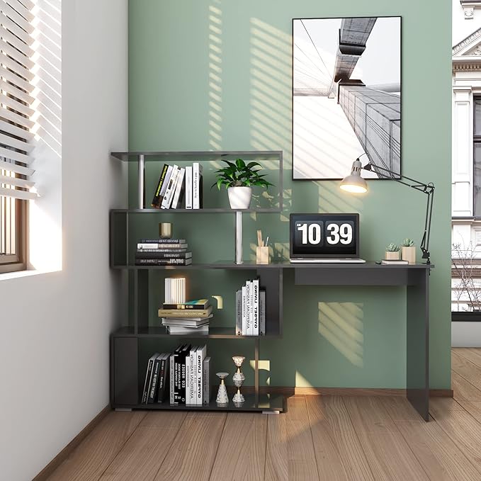 41.7 L Shaped Desk with 4-Tier Storage Shelves Computer Corner Desk for Study Home Office Living Room (Black)