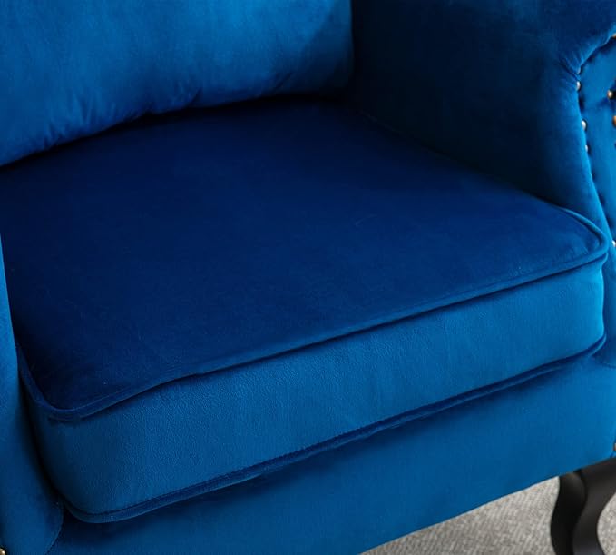Mid Century Modern Accent Chair Upholstered Armchair Comfy Velvet Fabric Single Sofa with Lined Wingback for Small Spaces Bedroom Living Room Velvet Blue 30.1D x 30.5W x 35H in