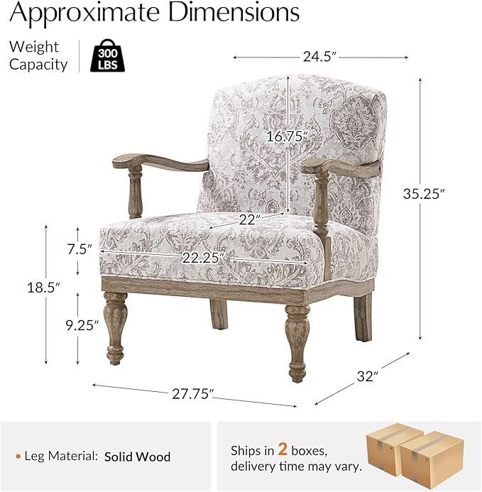 HULALA HOME Floral Accent Chair Set of 2 with Solid Wood Spindle Legs and Arms Upholstered Fabric Armchair with Solid Wood Base Patterned Wingback Chair for Farmhouse Living Room Bedroom Beige