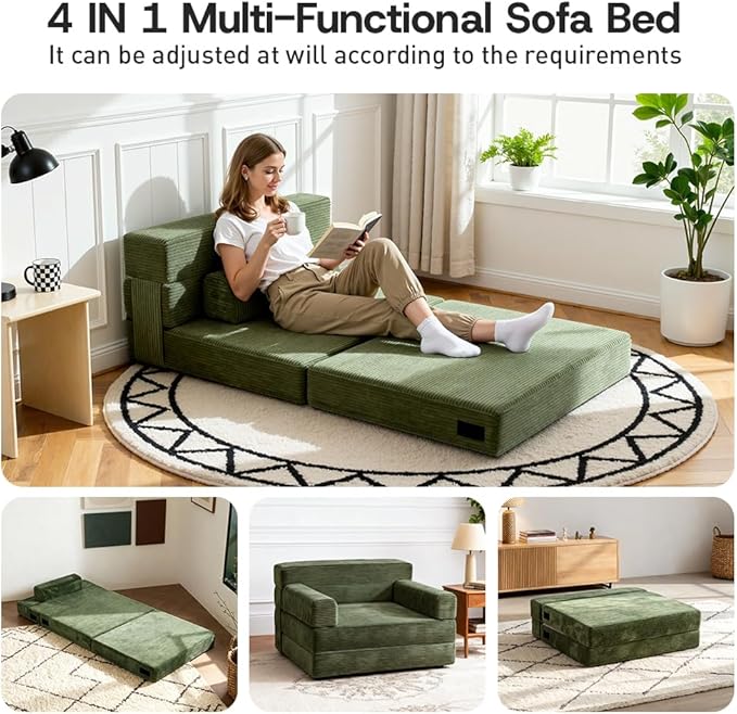 Folding Sofa BedConvertible Sofa Bed with Armrest Foldable Sleeper Chair Portable Folding 4-in-1 Floor Sofa with Convertible Lounge Chair for Living RoomBedroomWashable CoverGreen Single