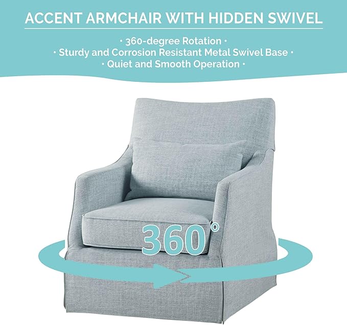 Martha Stewart London Swivel Chair - Solid Wood &amp Plywood Skirted Metal Base Accent Armchair Lumbar Pillow -Modern Classic Family Room Sofa Furniture Bedroom Lounge 28X31.5X35.25 Light Blue