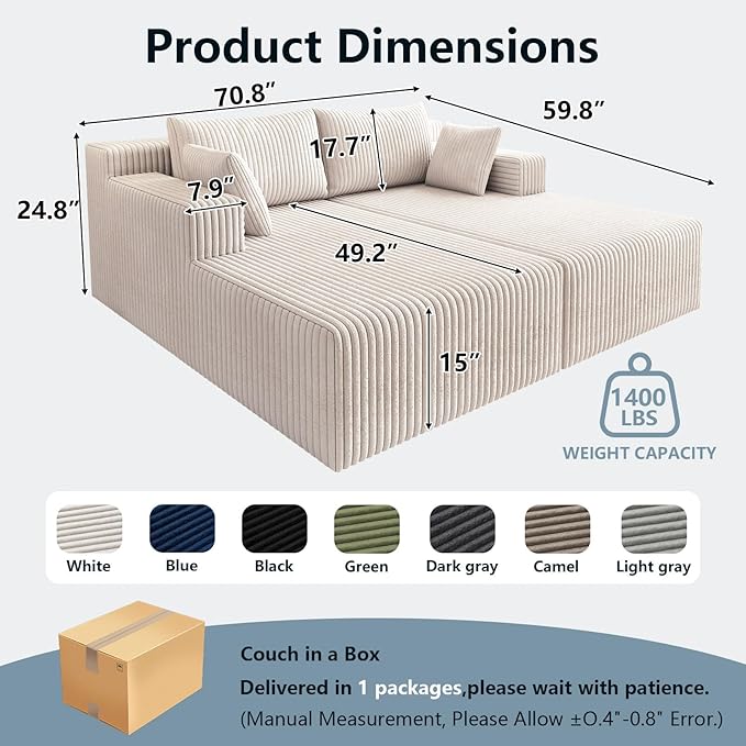 71Oversized Chaise Lounge ChairSectional Double Lounge Chaise with Pillows Upholstered Corduroy Boneless Lounge Chair Fluffy Modern Loveseat Sleeper Sofa for Living Room or Bedroom(White)