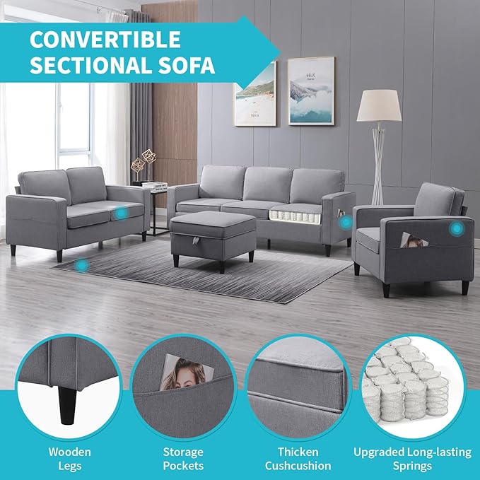 CECER 4 Piece Living Room Sectional Sofa Set with Ottoman and Side Pockets Modern Linen 6 Seaters Couch Set 3-Seater Sofa &amp Love seat &amp Armchair Set for Living Room/Office/Apartment - Light