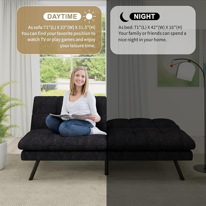 MUUEGM Convertible Futon Sofa Bed68 Memory Foam Futon CouchLinen Modern Loveseat Sleeper Couch with Adjustable Backrest &amp ArmrestDetachable Cushion for Living RoomOfficeApartmentBlack