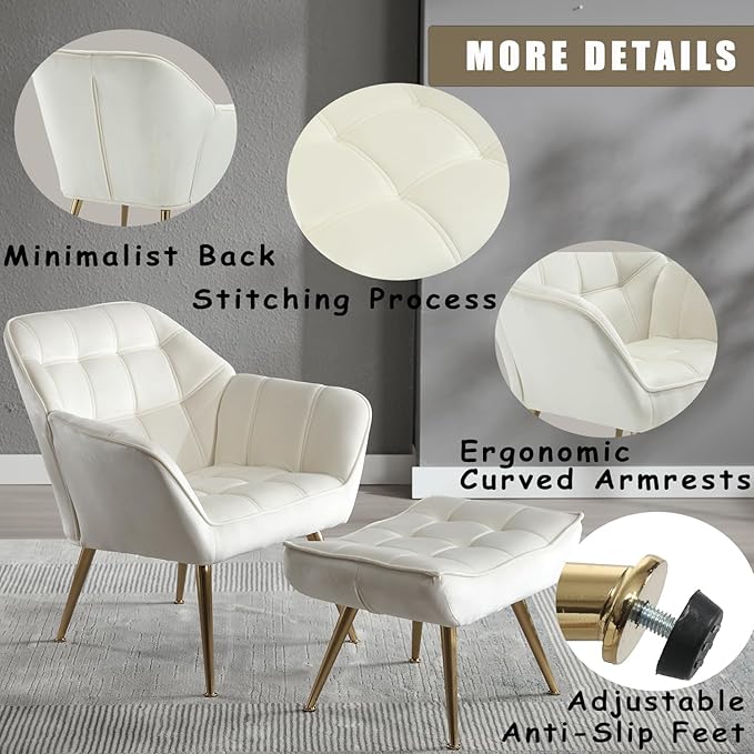 Velvet Accent Chair with Ottoman Modern Upholstered Reading Chair with Ottoman Comfy Lounge Armchair with Gold Metal Legs for Small Spaces Living Room Bedroom Book Nook Off White