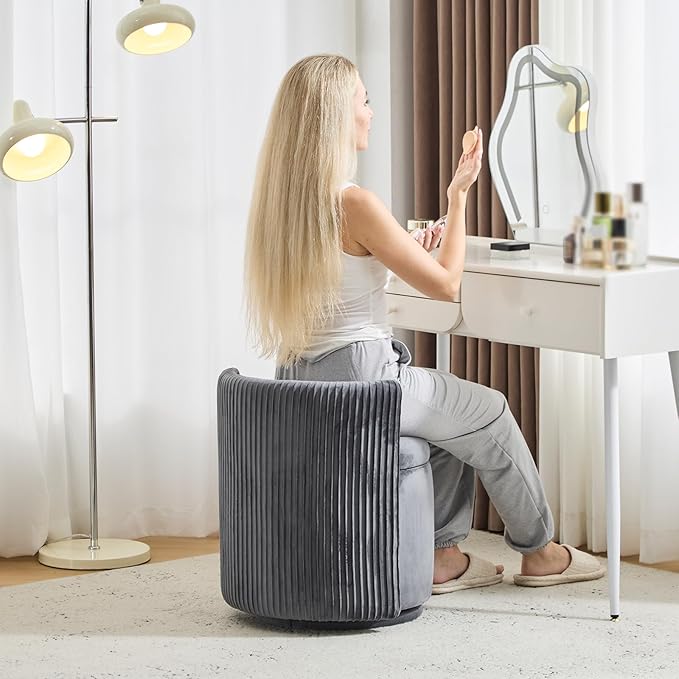 Velvet Vanity Chair with Storage 360° Swivel Round Storage Ottoman with Pillows No Assembly Modern Comfy Makeup Stool for Bedroom Dressing Living Room (Grey)