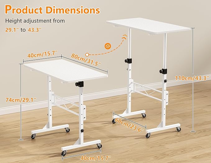 HOMIDEC Standing Desk 32 Inch Portable Small Desk Adjustable Height Rolling Home Office Desks with Wheels Sit Stand Desk for Bedroom Walking Pad Home Office Small Space White