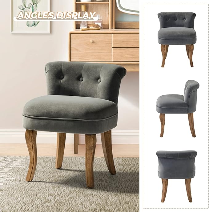 HULALA HOME Velvet Vanity Stool with Low Back Modern Vanity Chair with Solid Wood Legs Small Upholstered Makeup Chair Home Decor for Bedroom Living Room Dressing Table Women Girls Grey