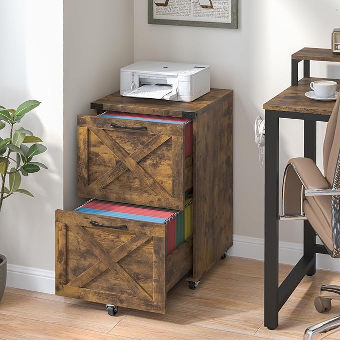 2 Drawer Small File Cabinet with Wheels Farmhouse Vertical Filing Cabinet Fits A4 or Letter Size Under Desk Rolling File Cabinets for Home Office Wooden Printer Stand Brown
