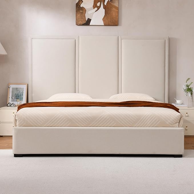 YUHUASHI King Size Bed Frame with 64-inch High Headboard Simple and Airy Linen Upholstered Platform Bed with Storage Drawers Wood Slat No Noise (Beige King(Hydraulic Lift))