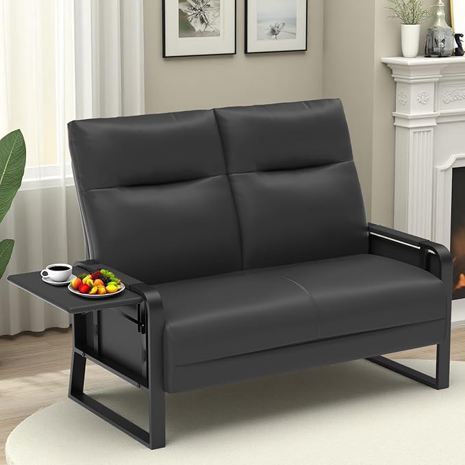 Faux Leather Loveseat Couch for Living Room Bedroom Office Small Sofa 2 Seater Couch with Flip Up Tray Table Side Pockets Leather Loveseats Black