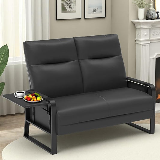 Faux Leather Loveseat Couch for Living Room Bedroom Office Small Sofa 2 Seater Couch with Flip Up Tray Table Side Pockets Leather Loveseats Black