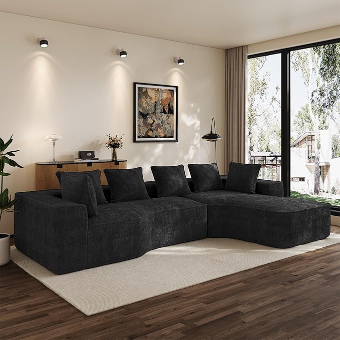 134'' Cloud Couch Modular Sectional Sofa Comfy L Shaped Couches for Living Room Fluffy Chenille 5 Seater Boneless Couch with Oversized Chaise &amp Deep Seat No Assembly Required(Black)