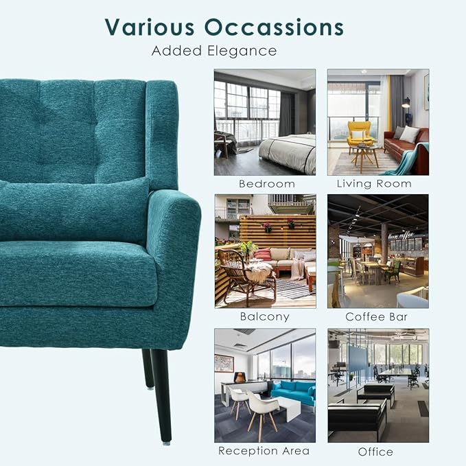 Accent Chair Set of 2 Upholstered Armchair with Pillow Fabric Single Sofa Chair with Lounge Seat and Wood Legs Accent Chair for Living Room Small Spaces (Teal)