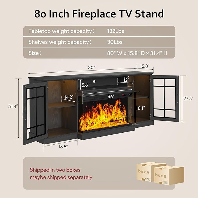 80 Fireplace TV Stand with 3-Sided Glass TV Cabinet for TVs up to 90 Modern Media Entertainment Center with Farmhouse Glass Door Storage Cabinets for Living Room Black