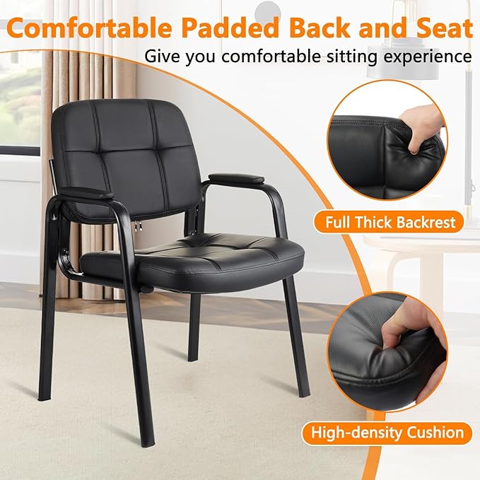 CLATINA Leather Office Guest Waiting Room Chair Sets of 8 Reception Chair No Wheels with Armrests and Lumber Support Stationary Desk Armchair for Meeting Conference Lobby Shool Study Black
