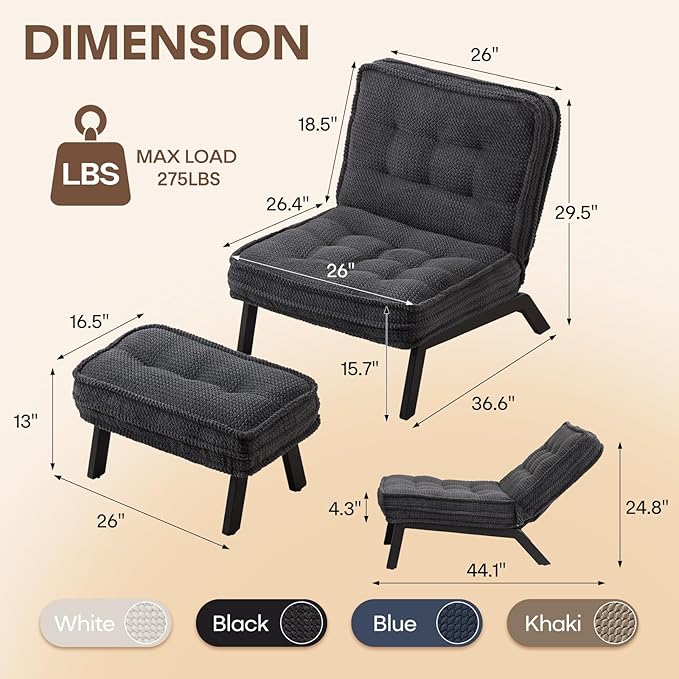 ANJ 3-Position Adjustable Accent Floor Chair Set of 2 with Ottoman Ergonomic Stable Lounge Chairs for Adults Thick Cushioned Comfy Reading Chair with Footrest for Living Room Bedroom Black
