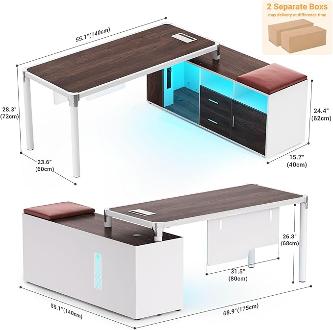 Cyclysio Large L Shaped Desk with File Cabinet and Outlet Reversible Corner Computer Desk with LED Lights Home Office Desk with Drawer Soft Cushion Espresso