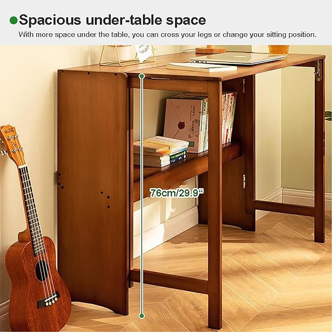 Solid Wood Folding DeskMid Century Modern DeskFoldable Writing Computer Desk for Home OfficeStudy Desk with Storage Shelf for Small Spaces(83cm/32.6 Walnut)