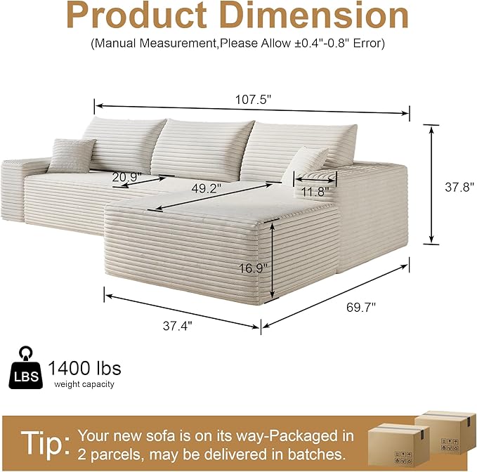 108’’Cloud Couch Sectional with L-Shape Chaise Modern Modular Sectional Sofa Boneless Couch with Deep Seat Modern Upholstered Couches for Living Room (White 108''W Right Facing Chaise)