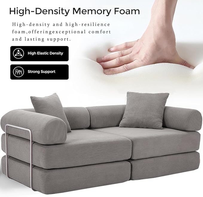 73 Convertible Modular Folding Sofa Bed 5-in-1 DIY Combination Fold Out Sleeper Sofa Bed Loveseat sleeper Couch with Removable Armrests Corduroy Floor Couch Small couches for small spaces Gray
