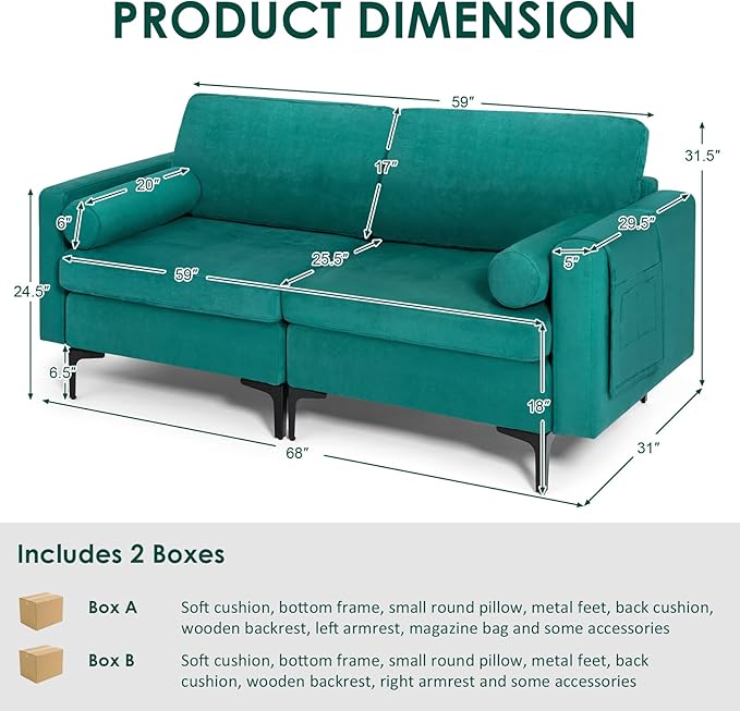 Giantex 68 Modern Loveseat 2-Seater Sofa Couch Thick Cushion &amp 2 Bolsters Armrest Magazine Cabby with 2 Pockets Metal Legs Ideal for Living Room Reception Room Office