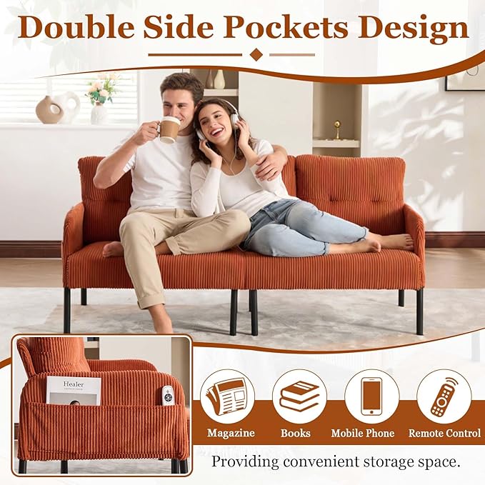Loveseat Sofa 67” Small Sofa Couch for Living Room Comfy Corduroy Fabric Love Seat for Bedroom with Throw PillowRemovable Cushion CoverCouches for Small SpaceApartmentDorm (Orange)