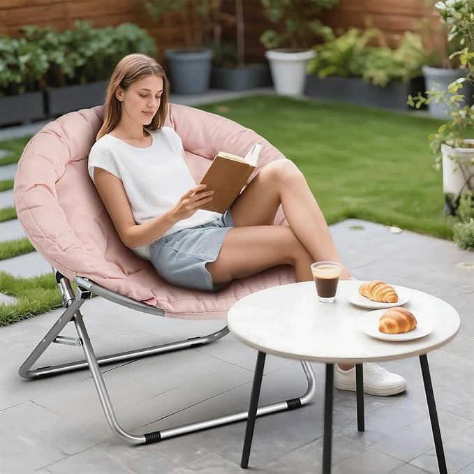 Cozy Saucer Chair Living Room Chair Faux Fur Soft Thick Padded Folding Chair Comfortable Moon Chair for Living Room Bedroom Reading Nook Modern Style 2 Pack Pink