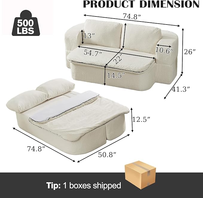 2-in-1 Convertible Sofa Bed 74.8 Memory Foam Boneless Couch Bed Full Size Love Seat Sleeper Sofa Floor Couch Loveseat with 2 Pillows for Living Room Bedroom Apartment Office No Assembly Cream