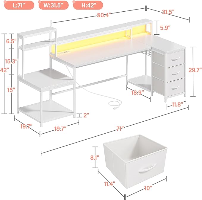 EnHomee 71 L Shaped Gaming Desk with LED LightsWhite Computer Desk with Drawers and Printer ShelfPower OutletReversible Home Office Desks with Storage and Monitor Stand
