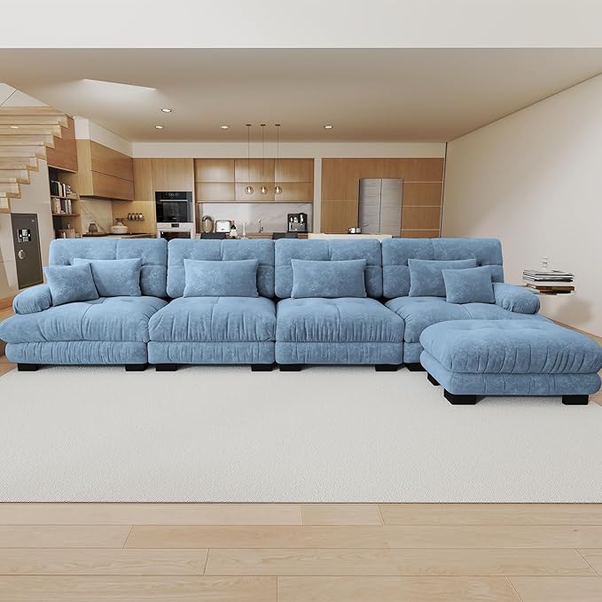 173.2 Oversized Modular Sectional Sofa 4 Seater Blue Large Sectional Couches for Living Room Chenille Fabric Sofa Set Cloud Couches with Ottoman Deep Seat Modern Sofas para Sala L Shaped