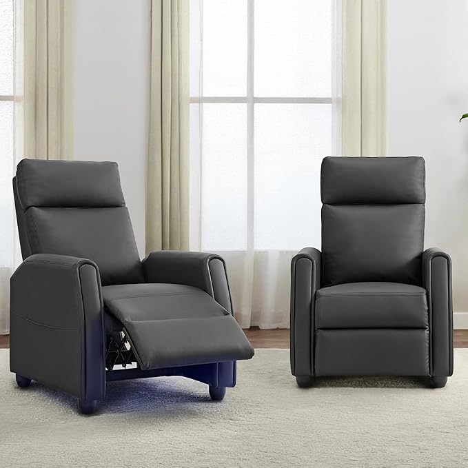 Recliner Chair for Adults Push Back Armchair Home Theater Seating with Lumbar Support Single Sofa for Living Room with Massage &amp Heat Vibration Black(PU Leather with Lights)