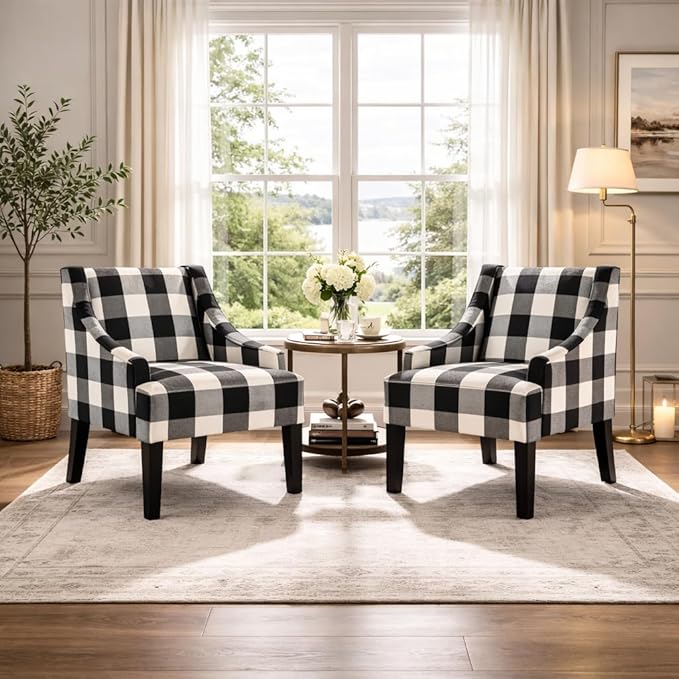 Homepop Home Decor | Upholstered Swoop Arm Accent Chair | Accent Chairs for Living Room &amp Bedroom | Decorative Home Furniture Black Plaid