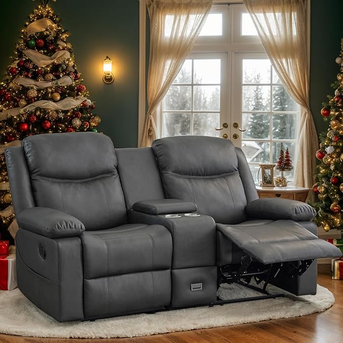 Loveseat Recliner Reclining Sofa with Console Double Reclining Couch 2 Seater Manual Massage Couch for Living Room Office Home Theater(PU-Grey)