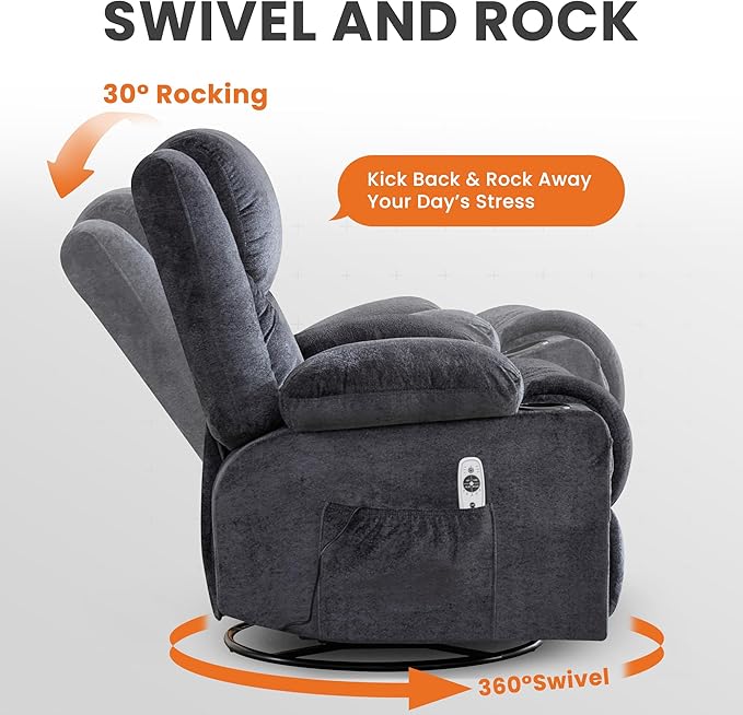 Swivel Recliner Chair for AdultsOversized Rocker Recliner with Massage and Lumbar HeatRocking Chair with Side Pocket2 Cup Holdersfor Living Room