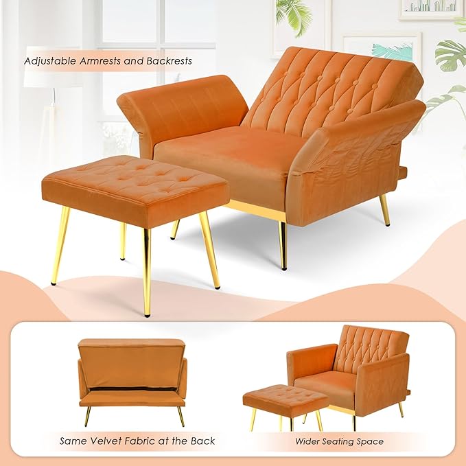 Velvet Accent Chair with Adjustable Backrest and Armrests Single Recliner Armchair with Ottoman and Golden Mental Legs for Living Room Bedroom and Waiting Room Orange