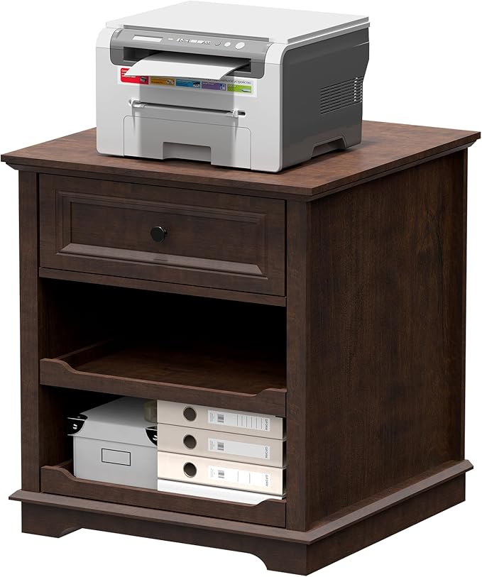 Lateral File Cabinet 3 Drawer File Cabinet with Charging Station Wood Lateral Filing Cabinet Printer Stand with Open Adjustable Storage Shelves for Home Office Cherry