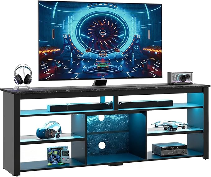 Bestier Tall LED TV Stand for 70/75/80 inch TV Modern Black Marble Entertainment Center with Storage for PS5 Gaming Console for Living Room &amp Bedroom