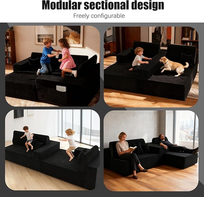 110 Boneless Couch Cloud Modular Sectional Sofa with L-Shape Chaise Modern Upholstered Couches for Living Room Bedroom No Assembly Required (Black 110 Left Facing Chaise+2 Seaters)