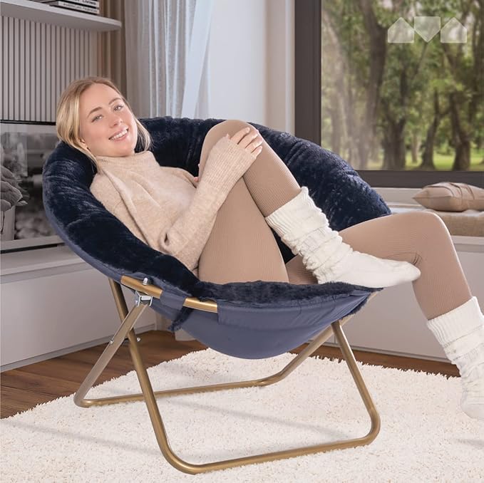 Milliard Saucer Chair For Adults Teens &amp Kids Navy Blue Faux Fur XL Circle Chair for Bedroom Dorm &amp Gaming Foldable Comfy Accent Seat for Small Spaces Folding Moon / Mushroom / Round Sty