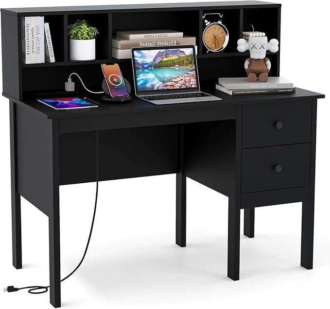 Desk with Hutch &amp Charging Station Home Office Desks with 5-Cubby Hutch 2 DrawersUSB Charging Ports &amp Power Outlets Student Desk Study Table (Black)