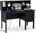 Desk with Hutch &amp Charging Station Home Office Desks with 5-Cubby Hutch 2 DrawersUSB Charging Ports &amp Power Outlets Student Desk Study Table (Black)